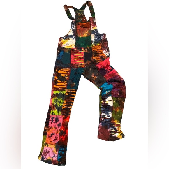 Kathmandu Imports Pants - Kathmandu Imports Colorful Tie Dye Patchwork Unisex Cotton Knit Overalls NWT